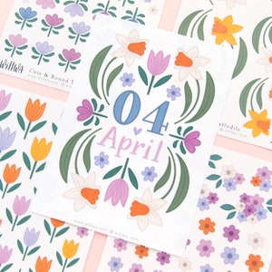 Paquete de pegatinas de flores de primavera - Ilustración de portada de Bujo - Hojas de pegatinas del planificador - Pegatinas de tulipanes y narcisos - Diseño sueco de Willwa