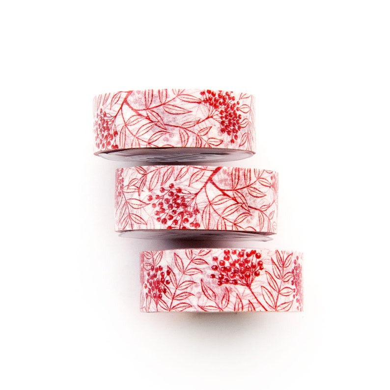 Red Rowan Berry 15 mm x 10 m washi tape Bloemen en natuurpatroon Red Berries masking tape Rowan Tree deco tape Zweeds ontwerp van Willwa afbeelding 7