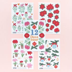 Bloemenstickers december - stickervellen planner - illustratie bujo omslag - kerstster en maretak - kerstbloemen - Zweeds ontwerp van Willwa