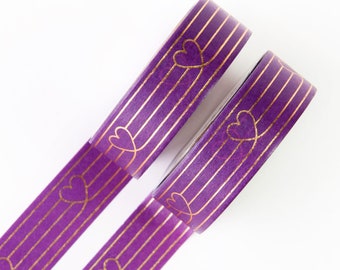 Purple Heart to Heart 15mm x 10m Washi Tape - Gold Foil Hearts and Lines on a Dark Purple Background - Heart Love - Swedish Design by Willwa