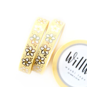 Plumeria Flowers 10mm x 10m Foil Washi Tape - Cute Tropical Floral Pattern - Yellow Background - White Frangipani - Swedish Design by Willwa