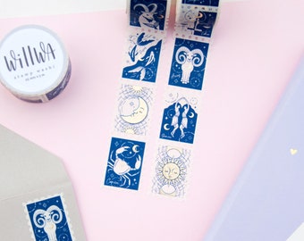 Zodiac Stamp Washi Tape 25mm x 5m - Beautiful Zodiac Star Sign Stamps with Gold Foil and Dark Blue - Sun and Moon - Swedish Design by Willwa