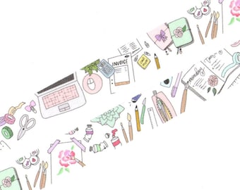 May include: A colorful illustration of a desk with various office supplies, including a laptop, a notebook, paintbrushes, and a ruler. The illustration is in a whimsical style with a pink, green, and blue color scheme.