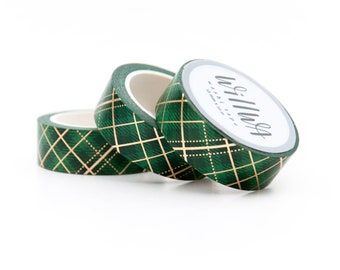 Green and Gold Tartan Washi Tape 15mmx10m - Checkered Pattern with Dark Green and Gold Foil - Plaid Washi Tape - Swedish Design by Willwa