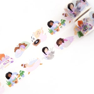 Self Care Day 30 mm x 10 m washitape - schattige handgetekende illustraties - acht meisjes ontspannen, ontspannen en plezier maken - Swedish Design Willwa