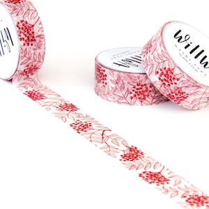 Red Rowan Berry 15 mm x 10 m washi tape Bloemen en natuurpatroon Red Berries masking tape Rowan Tree deco tape Zweeds ontwerp van Willwa afbeelding 1