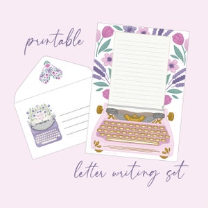 Può includere: Set di scrittura di lettere stampabile con un design floreale e una macchina da scrivere rosa. Il set include un foglio di carta e una busta.
