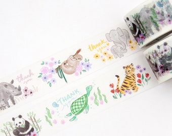 Thank You Animals 30mm x 10m Washi Tape - Cute Hand Drawn Illustrations - Charity for Endangered Animals for WWF - Swedish Design Willwa