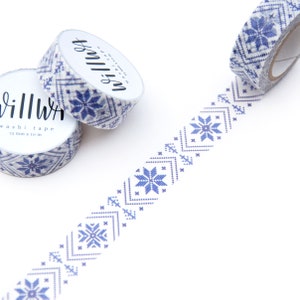 May include: Three rolls of washi tape with a blue and white snowflake pattern. One roll is unspooled, revealing the patterned tape. The rolls are labeled "willow" and "washi tape 15 mm x 10 m".