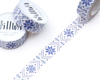 Swedish Knitted Stars washi tape 15mm x 10m - Scandinavian Knit Pattern - Blue Knitted Stars on White Background - Swedish Design by Willwa