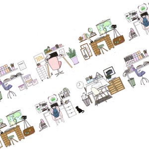Wo ich arbeite 30mm x 10m Washi Tape - Niedliche handgezeichnete Illustrationen von verschiedenen Völkern Schreibtisch & umgebenden Interieur - schwedisches Design Willwa