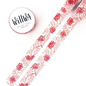 Red Rowan Berry 15 mm x 10 m washi tape Bloemen en natuurpatroon Red Berries masking tape Rowan Tree deco tape Zweeds ontwerp van Willwa afbeelding 2