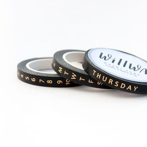 Days and Dates Slim Washi Tape - Set of Three 6mm Slim Deco Tapes - Gold Foil and Black - Weekdays and Numbers - Swedish design by Willwa