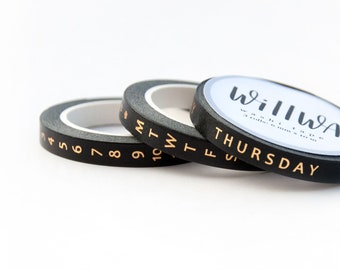 Days and Dates Slim Washi Tape - Set of Three 6mm Slim Deco Tapes - Gold Foil and Black - Weekdays and Numbers - Swedish design by Willwa