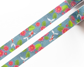 Water Lily Washi Tape - Fish Pond with Koi Fish and Pink Lotus / Water Lilys in a Summer Rain - Colorful Floral and Nature Decorative Tape