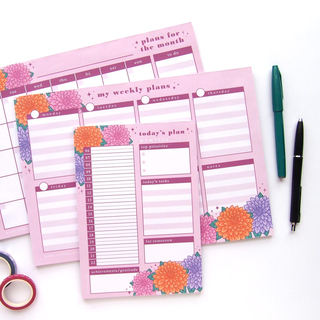 Daily, Weekly & Monthly Planner Pad Set in Pink - Handmade Notepads ...