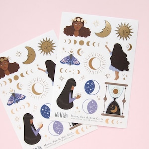 Adesivi decorativi per ragazze Luna, Sole e Stelle - Bellissime illustrazioni adesive di ragazze della Luna Celeste con lamina d'oro - Design svedese di Willwa