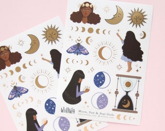Moon, Sun & Star Girls Deco Stickers - Beautiful sticker illustrations of Celestial Moon Girls with Gold Foil - Swedish Design by Willwa