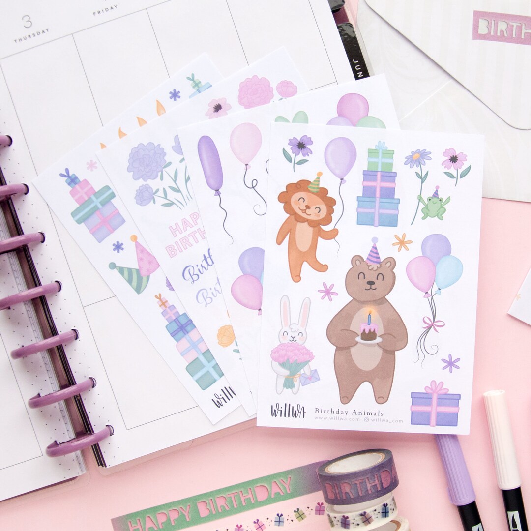 Cute Birthday Bundle of 4 Sticker Sheets - Planner Stickers - Journal ...
