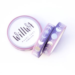 Silver Luna 10 mm x 10 m foliewashi-tape - maanstanden en ster met zilverfolie op roze-paarse achtergrond met kleurverloop - Zweeds ontwerp door Willwa