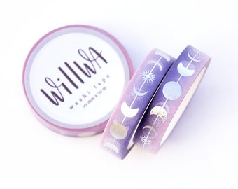 Silver Luna 10mm x 10m Foil Washi Tape - Moon Phases and Star with Silver Foil on Pink Purple Gradient Background - Swedish Design by Willwa