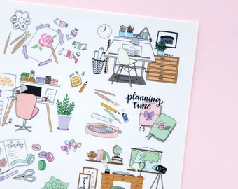 My Working Place Deco Stickers - Planner & Journal Sticker Sheet - Pastel Colored Stickers of Planners and Desks - Swedish Design by Willwa