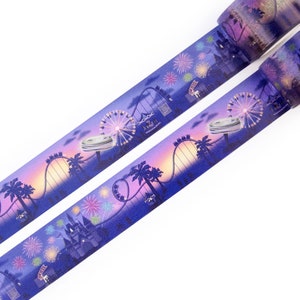 Fahrgeschäfte am Abend 30 mm x 10 m Washi Tape - Freizeitpark am Abend mit Feuerwerk - Achterbahn Illustrationen - Schwedisches Design Willwa