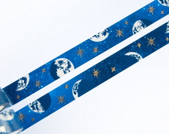 Moon Phases 15mm x 10m washi tape with Gold Foil - Moon and Gold Foil Stars in the Night Sky - Celestial washi - Swedish Design by Willwa