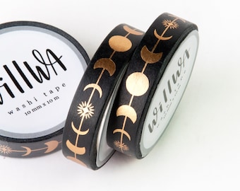 Golden Luna 10mm x 10m Gold Foil Washi Tape - Moon Phases and Star with Gold Foil on Black Background - Night Sky - Swedish Design by Willwa