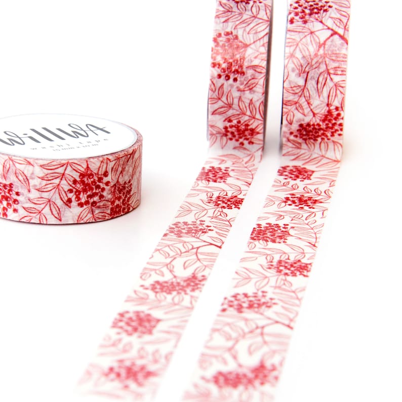 Red Rowan Berry 15 mm x 10 m washi tape Bloemen en natuurpatroon Red Berries masking tape Rowan Tree deco tape Zweeds ontwerp van Willwa afbeelding 4