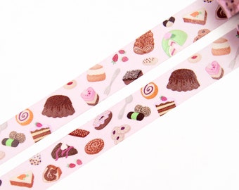 Cake Party washi tape 15mmx10m - Cute Illustrated Cakes and Cookies on Pink Background - Chocolate Cake and Donut - Swedish Design by Willwa