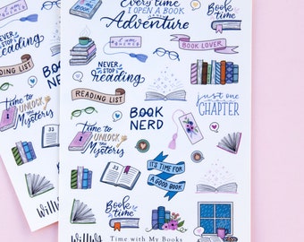 Time with My Books Deco Stickers - Book Lover Sticker Sheet - Hand Lettering and Cute Reading Quotes - Bookmarks - Swedish Design by Willwa