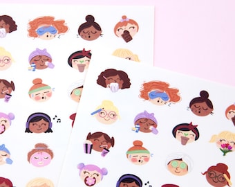 Cute Self Care Faces Deco Stickers - Hand drawn Girls Sticker Sheet - Makeup Facemask Exercise Napping Music - Swedish Design by Willwa