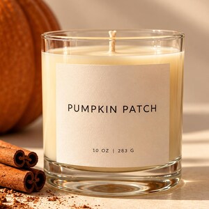 May include: A clear glass candle jar containing cream-coloured wax and a single central wick. The label displays the text PUMPKIN PATCH and 10 OZ | 283 G. The candle is placed beside cinnamon sticks and a pumpkin, with brown powder scattered on the surface.