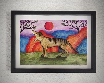 peinture originale aquarelle thylacine cryptozoologie nature zoologie