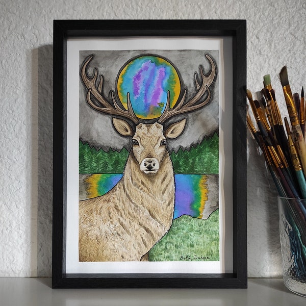 Peinture originale aquarelle et encre cerf nature animal