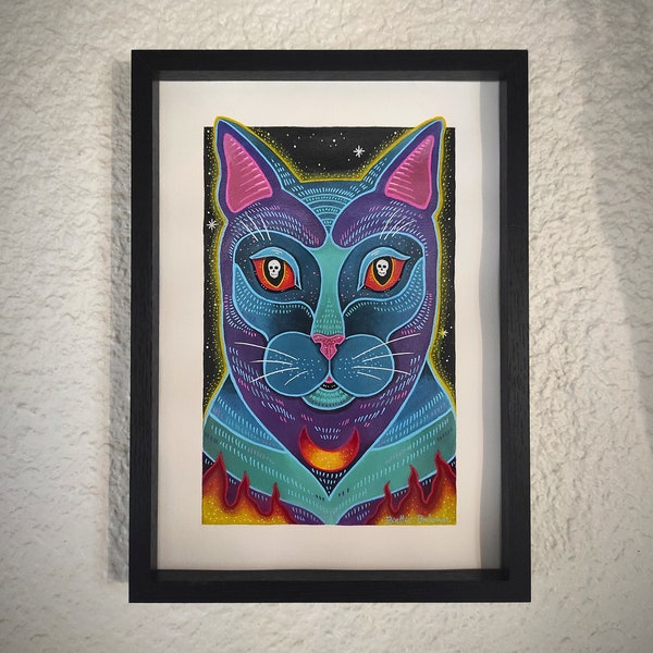 peinture acrylique originale chat psychédélique surréaliste