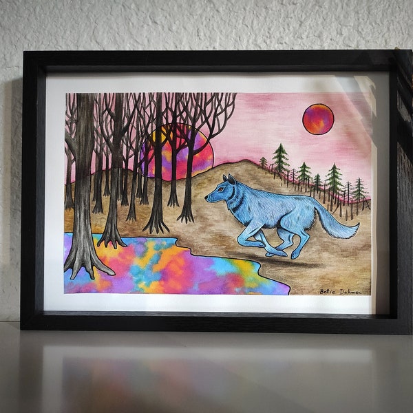 Peinture originale aquarelle loup forêt paysage nature sauvage