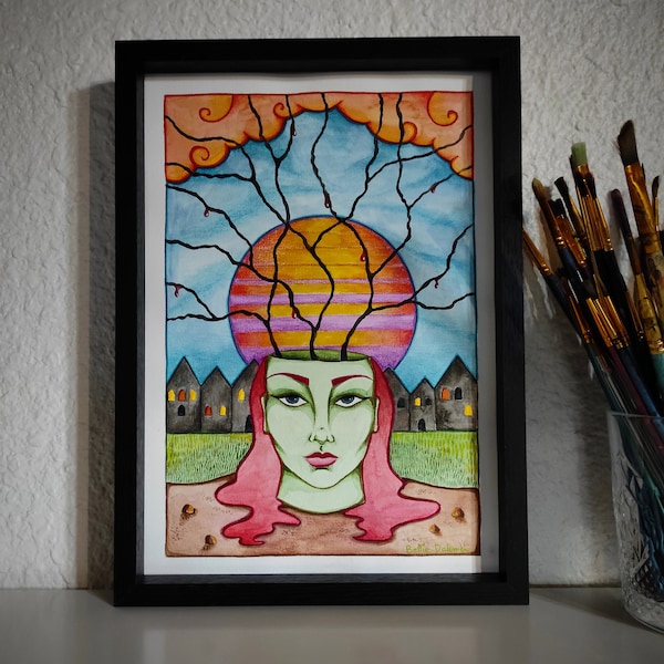 Peinture aquarelle originale femme tête étrange surréaliste