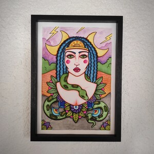 dessin original feutre et aquarelle femme deesse guerriere sorcière reine serpent