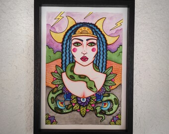 dessin original feutre et aquarelle femme deesse guerriere sorciere reine serpent