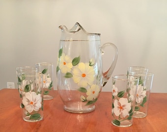 Vtg. Glass Pitcher w. 6 Glasses Hand Painted