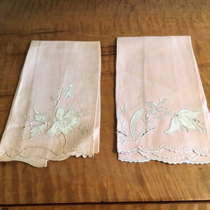 Pair of Vintage Pink Linen Guest Towels with Applique