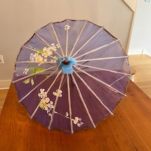 Vtg Parasol Blue Silk Hand Painted