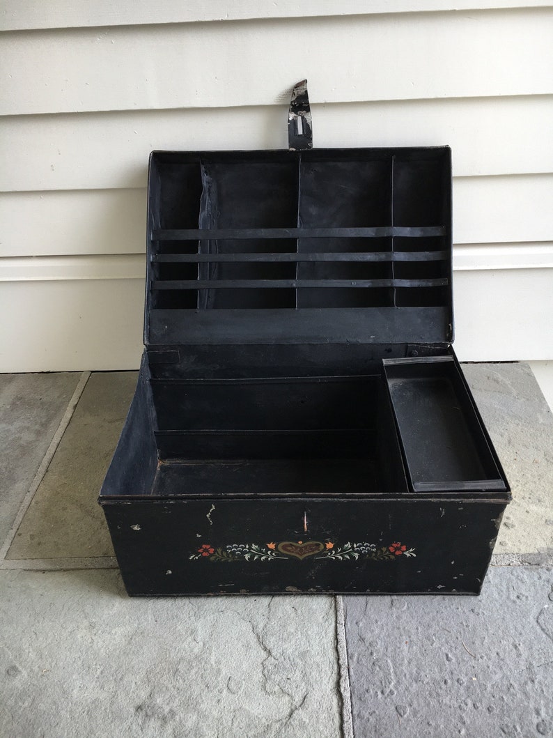 Large Antique Black Tin Document Box Original Stenciling Etsy