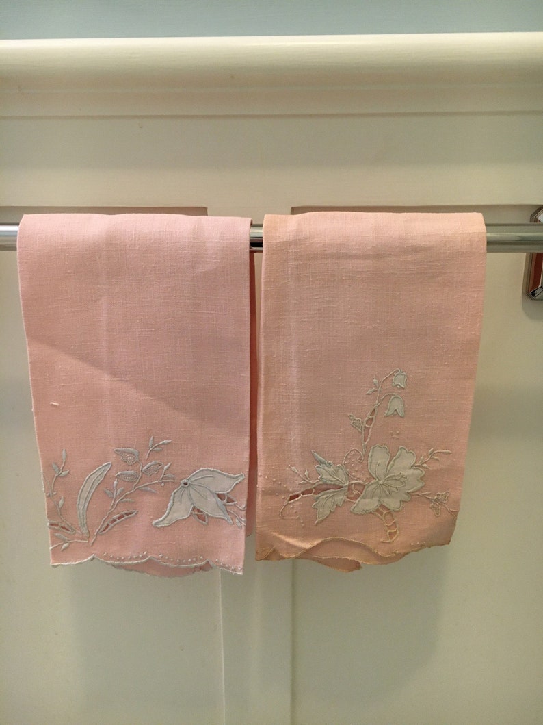 Pair of Vintage Pink Linen Guest Towels With Applique Etsy
