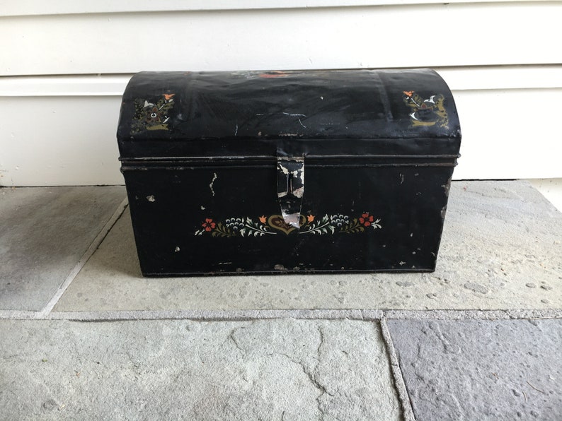 Large Antique Black Tin Document Box Original Stenciling Etsy