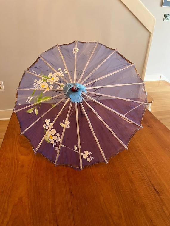 Vtg Parasol Blue Silk Hand Painted