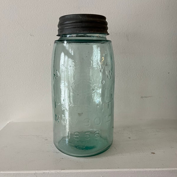 Ant. Aqua Glass Mason Qt CFJ Fruit Jar