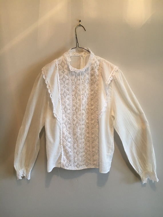 Vtg. Victorian Style Blouse Lace Front High Collar - image 1